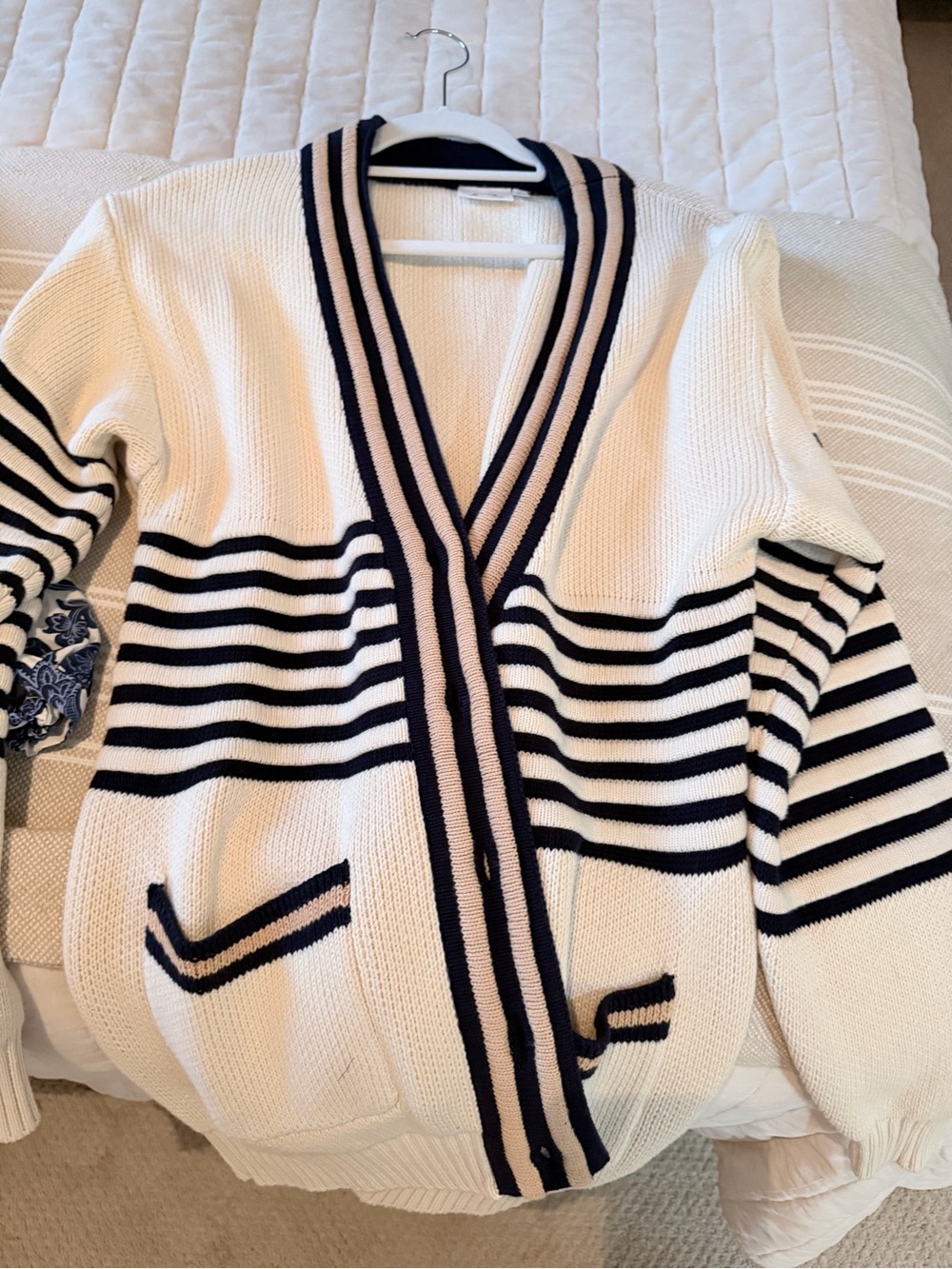 The Upside Cream and Navy Striped Open-Front Cardigan